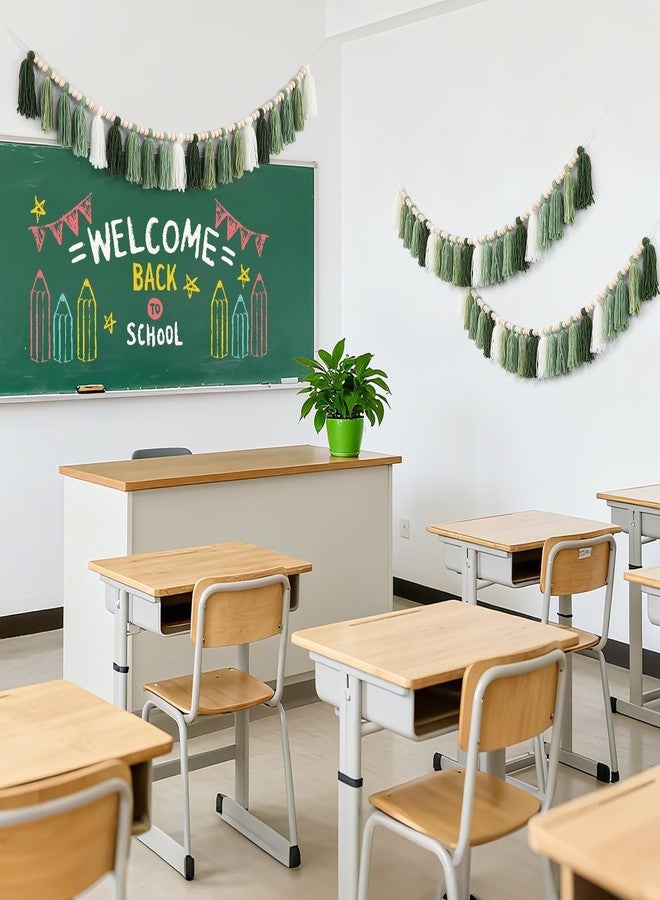 ARQRHTLY 3 Pcs Green Boho Yarn Tassel Garlands Sage Green Wall Hanging Decoration with Wood Beads Neutral Woodland Forest Party Tassel Banner for Nursery Classroom Room Dorm Birthday Baby Shower Deco - Image 5